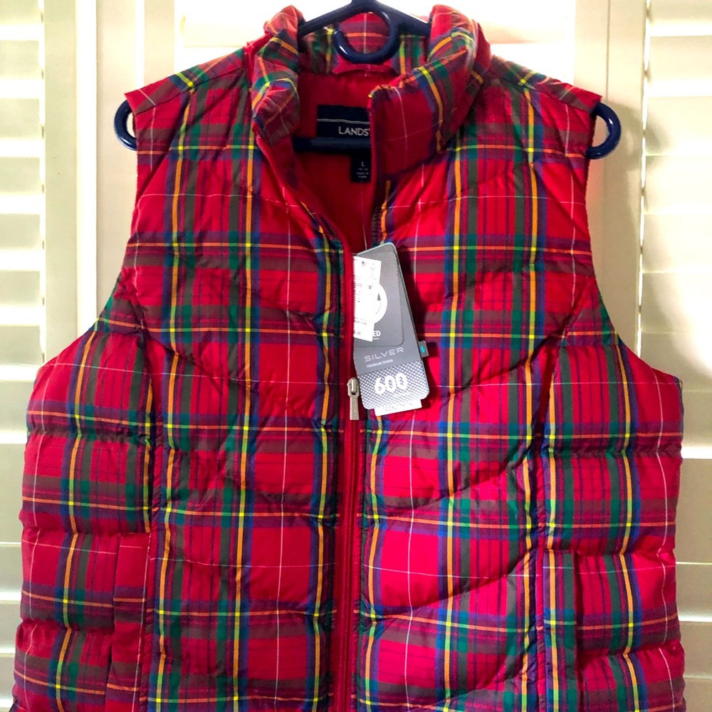 Brand NWT Lands’ End Plaid vest,  14/16 large.